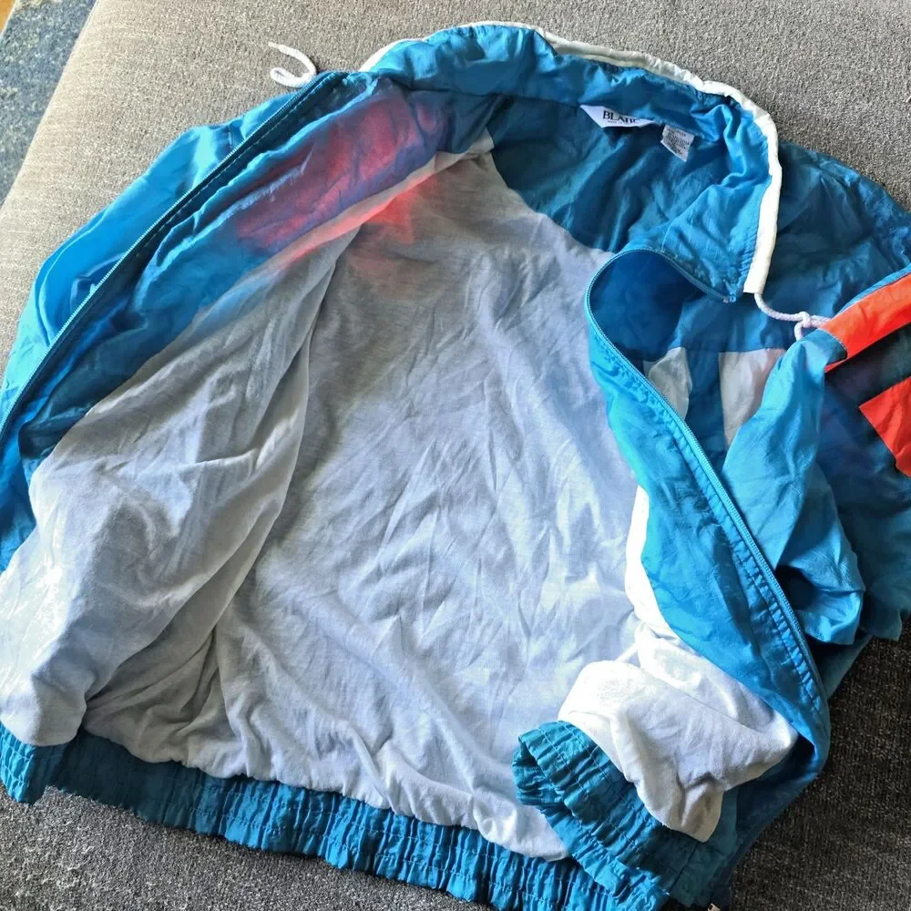 Vintage 90s XL Colorblock Windbreaker Jacket Teal Neon Retro Zip Blue Orange